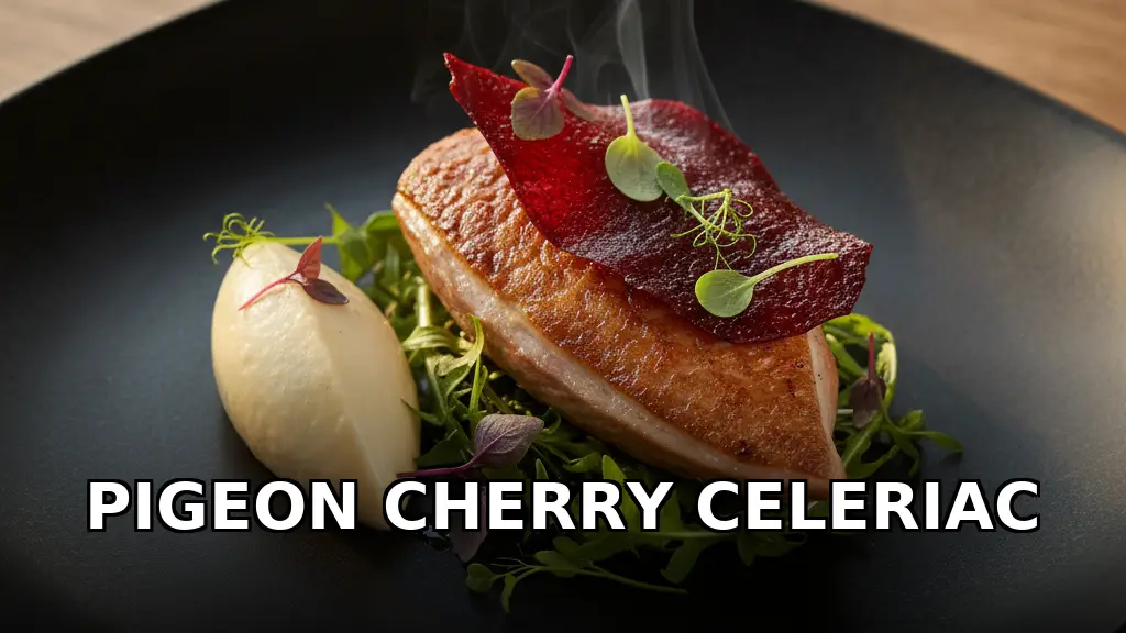 Sous Vide Pigeon Breast with Dehydrated Cherry Leather, Smoked Celeriac Mousse, and Verjus-Infused Dandelion Greens
