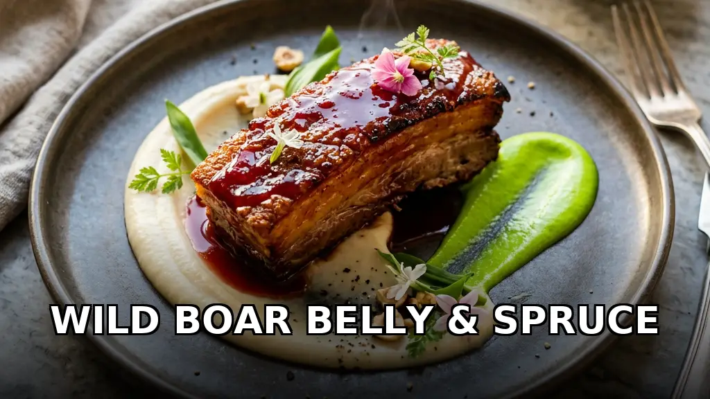 Spruce Tip-Cured Wild Boar Belly with Fermented Green Strawberry ...