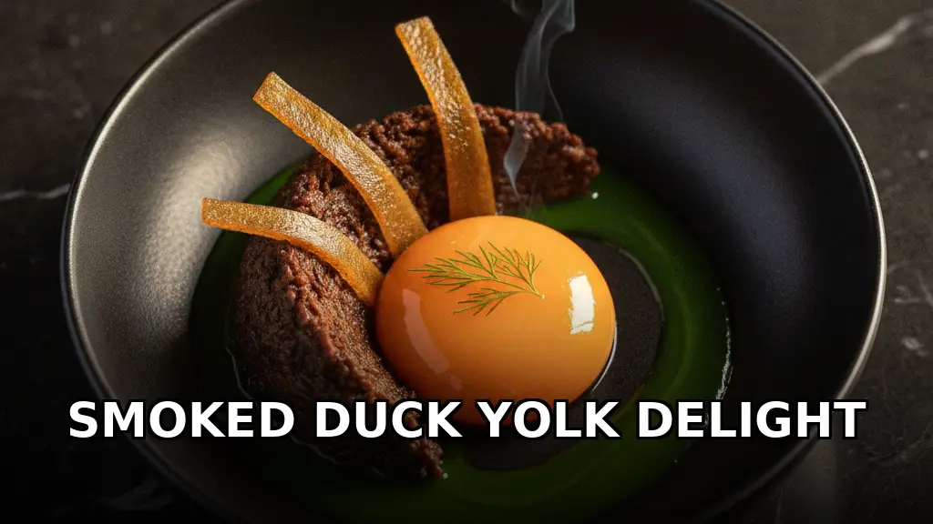 Hickory-Smoked Duck Egg Yolk with Fermented Black Trumpet Duxelles, Candied Salsify Root, and Pine Needle Emulsion